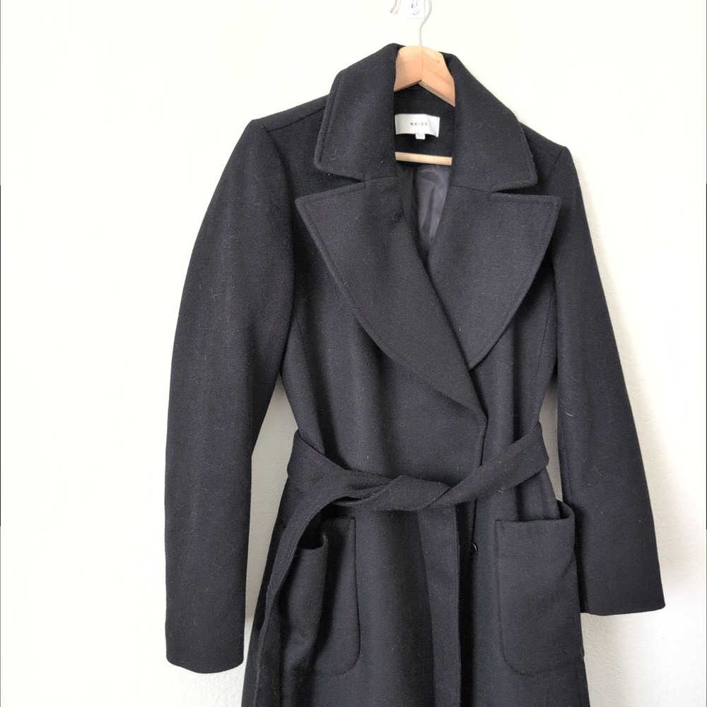Reiss Black 100% Wool Wrap Coat Belt Long Trench Jacket Womens US 4 UK 8 Luxury - Picture 12 of 12